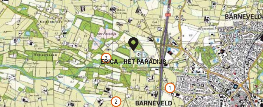 Een kaart van Barneveld waar de buitengebieden in het groen zijn aangegeven